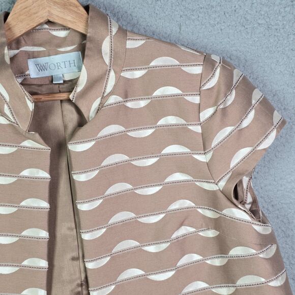 Worth Jacquard Open Front Short Sleeve Structured Jacket Tan Cream 12 Minimalist - Picture 8 of 13